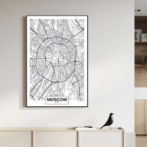 Famous City Map Moscow Printed Canvas Painting Wall Art Pictures Black White Posters and Prints for Living Room Home Decor
