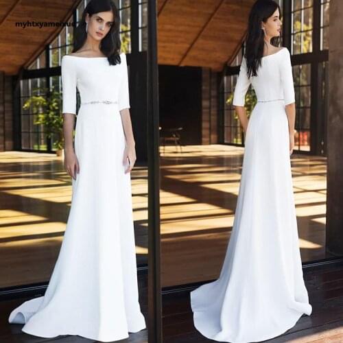 Classic Simple Satin Half Sleeve Wedding Dress A-line Floor Long Boat Neck Zipper Belt Simple White/Ivory 2020 New Bridal Gown