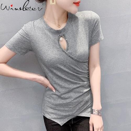 Summer European Clothes Cotton T-shirt Sexy Chic Hollow Out Shiny Diamonds Women Tops Irregularity Bottoming Shirt Tees T13602A