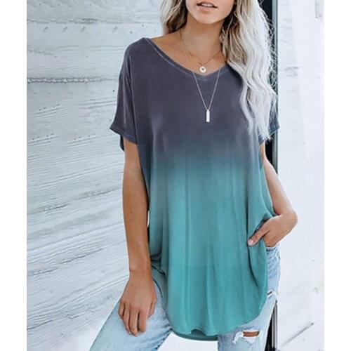 Summer New Female Clothing Gradient Color Printing V-Neck Short-Sleeve Mid-Length Casual Women Loose Splice T-Shirt