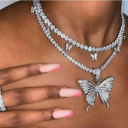 Statement Big Butterfly Pendant Necklace Rhinestone Chain for Women Bling Tennis Chain Crystal Choker Necklace Party Jewelry