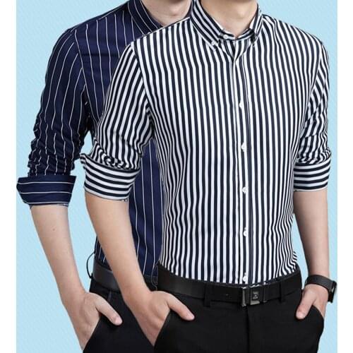 Fashion Men Plus Size Striped Buttons Turn Down Collar Long Sleeve Shirt Top Mens Business Casual Shirt Classic