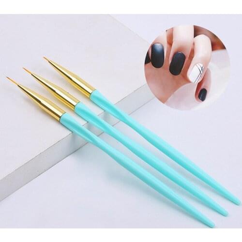 Set of 3 Nail Art Liner Brushes Pens 6mm 9mm 11mm Sizes Light Blue Handle Drawing Lines Pens for UV Gel Sequins Decoration