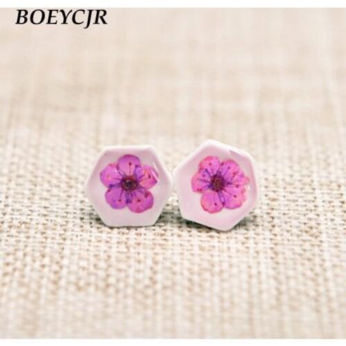 BOEYCJR Novel Ethnic Resin Dried Flowers Ceramic Stud Earrings Handmade Fashion Jewelry Earrings for Women Gift