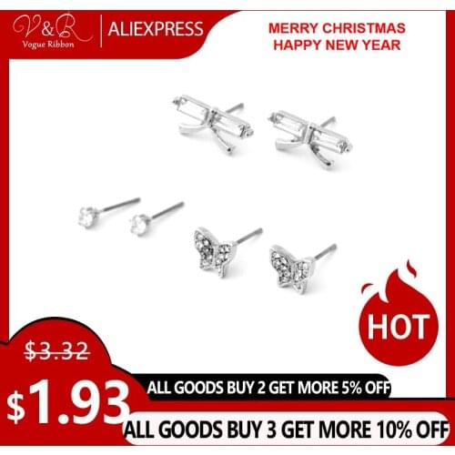 New Small Simple Stud Earring Set Imitation Rhodium Plated,CZ Stone Pave Stone Butterfly Stud Earrings 2019 Jewelry Studs Sets