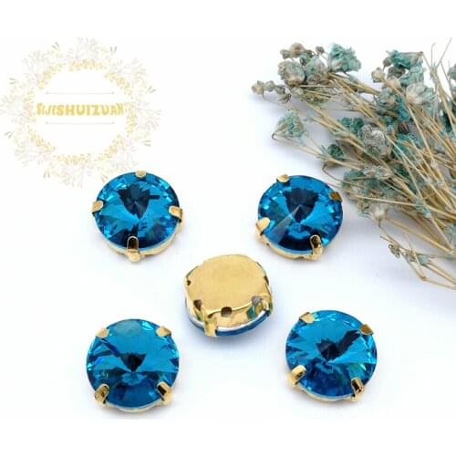 New product Satellite Turquoise blue Crystal Glass Sewing Rhinestones with gold Claw DIY Wedding Dresses