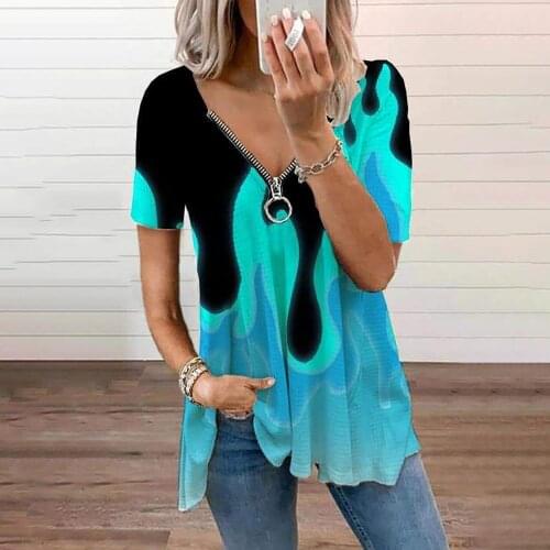 Deep V-Neck Collar Zipper T Shirt Fashion Women Patchwork Women Tee Shirt For Summer Streetwear Color Short Sleeve Casual Tops