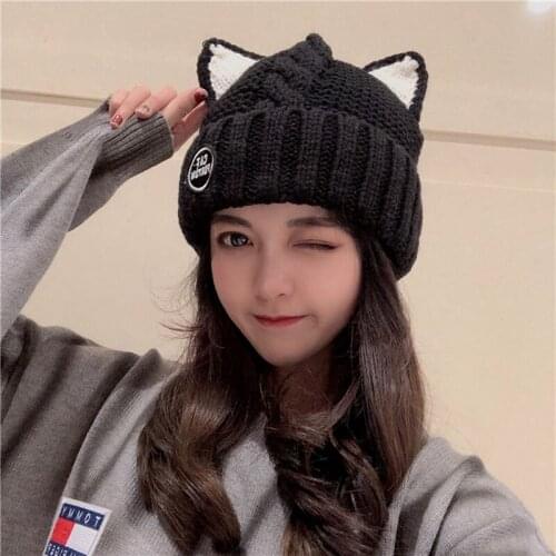 French lovely skullies beanies with cat ears for women add wool knitting warm earmuffs cap