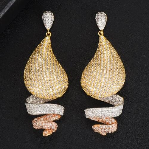 Gorgeous New Unique Design Rotating ribbon Pendant Earrings Full Clear CZ Women Bridal Wedding Show Jewelry Romantic Noble 2021