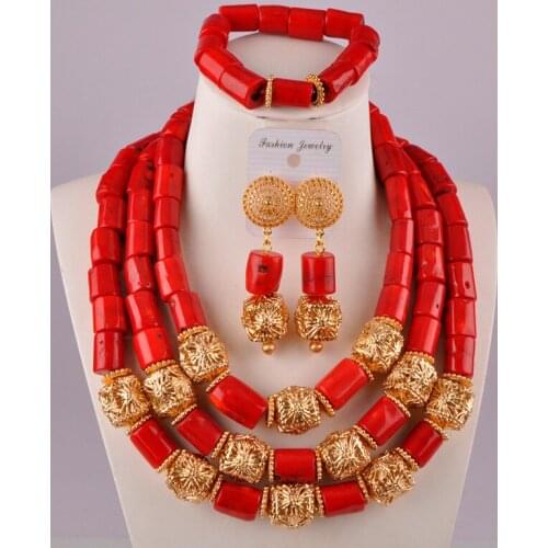 Glorious red african wedding coral set nigerian coral beads bridal jewelry sets C21-36-04
