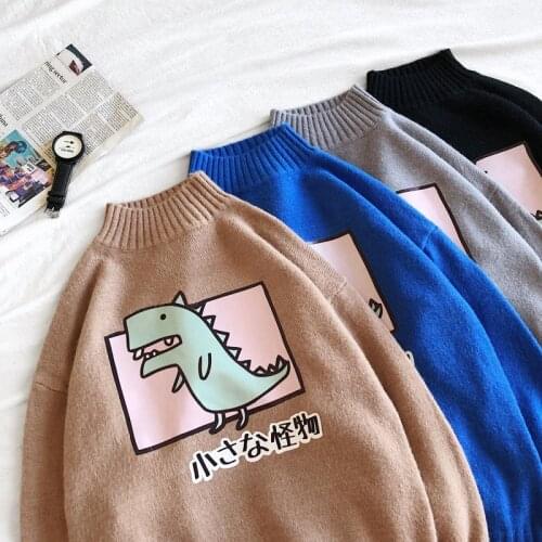 Knitted Sweater Classic Printed Dinosaur Half High Neck Coat Trendy Loose Tops Casual Long Sleeve Pullover Male Clothes Sweaters