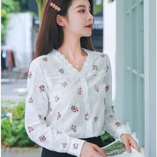 Women Blouse Womens Shirt Autumn Hollow Embroidery V-neck Long Sleeve Shirt Lace Stitching Blusas Ropa De Mujer