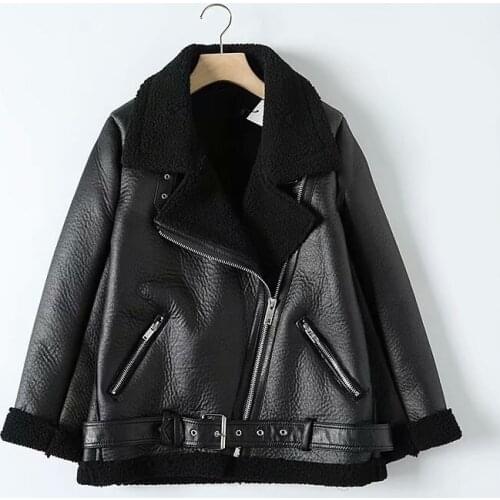 Autumn/ Winter 2021 New Pu Faux Leather Jacket Women Coat Fashion Motorcycle Lap Fur Pockets Street Style Black Top Streetwear