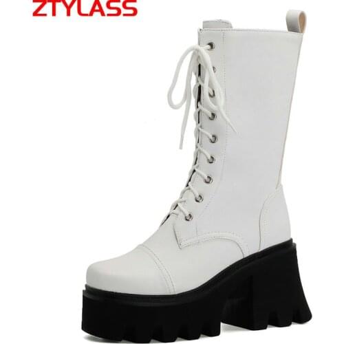 2021 Spring Autumn Fashion Platform Women Boots Thick High Heel Mid-Calf Boots Lacing Zipper Square Toe Boots Shoes Black White