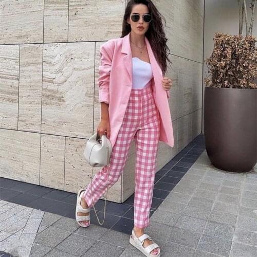 Woman Sweet Pink Plaid High Waisted Pants Girls Cute Slim Cotton Trousers Female Soft Ankle-Length Pants