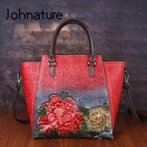 Johnature Handmade Embossing Luxury Handbags Women Bags Designer 2020 New Large Capacity Vintage Lady Shoulder&crossbody Bags