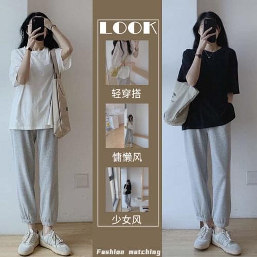 Suit Plus Size Womens Casual Fashion Short-sleeved T-shirt + Solid Color Pants Home Two-piece Suit