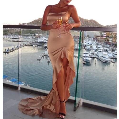 2021 Irregular Ruffles Sexy Long Maxi Christmas Dress Women Red Satin Backless Bodycon Dress Elegant Split Party Dress