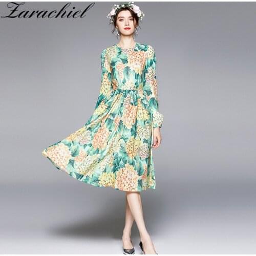 2021 Autumn Runway Holiday Flower Dresses Women O Neck Long Puff Sleeve Bohemia Floral Print Elegant High Waist Midi Vestidos