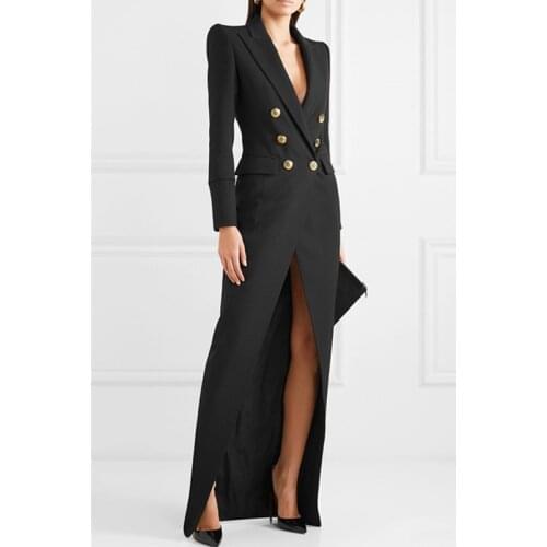 Suit Dress For Women 2020 Autumn Turn-Down Collar Office Lady Dress Sexy Double-breasted Commute Floor Length XXL Long Dresses