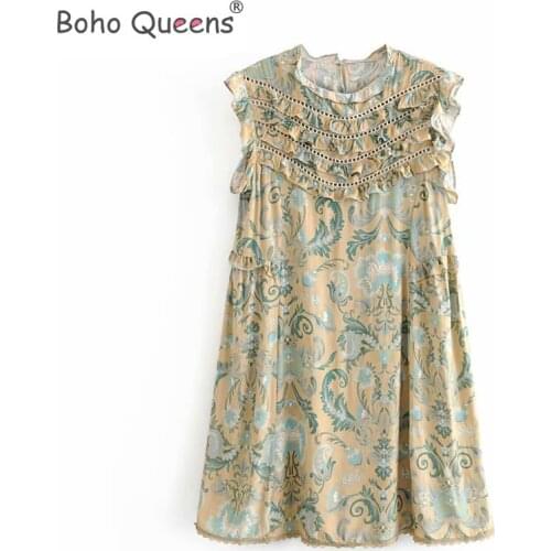 Boho Queens happie women floral print sleeveless lace ruffles beach Bohemian mini dress Ladies Summer Boho dress vestidos