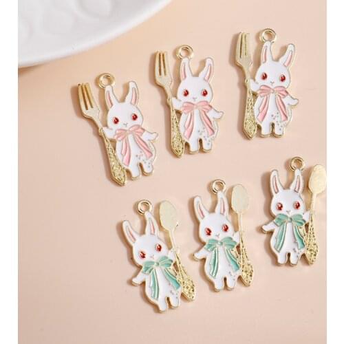 10pcs 16*32mm Cartoon Enamel Mini Rabbit Charms for Jewelry Making DIY Spoon fork Charms Pendants Necklaces Earrings Accessories