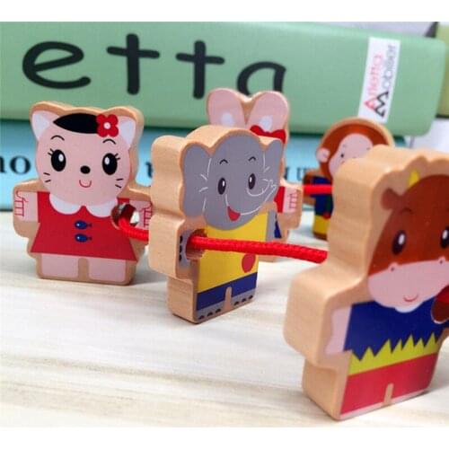 6Pcs Wooden Blocks Toys For Children Mini Cartoon Animals Stringing Threading Beads Game Educational Toy For Baby Kids Gift New
