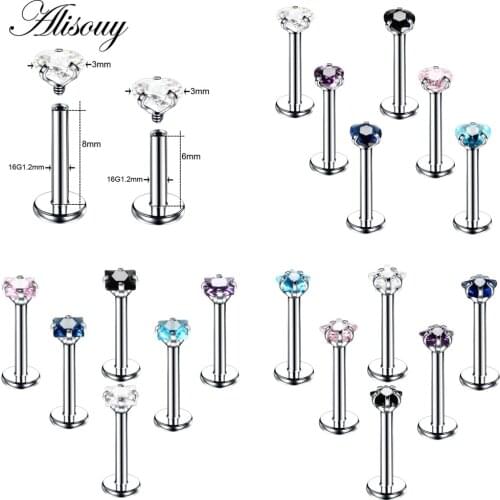 Alisouy 1pcs Surgical Steel Flat CZ Gem Ear Cartilage Tragus Helix Piercing Labret Lip Ring Internally Thread 16g Body Jewelry