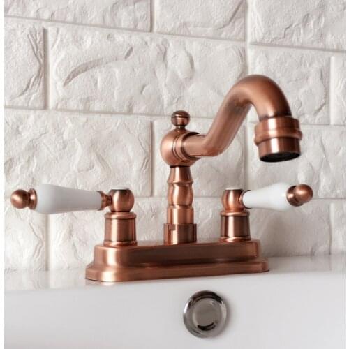 Antique Red Copper Swivel Spout Bathroom Basin Faucet Vessel Sink Faucets Dual Handle Cold and Hot Water Mixer Taps lrg048