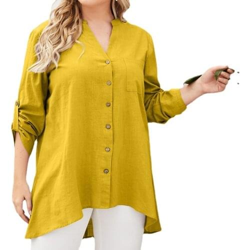 Plus Size Women Casual Collared Shirt Blouses Long Sleeve Tops Single-breasted Mid-length V-Neck Shirt 2021 New Autumn