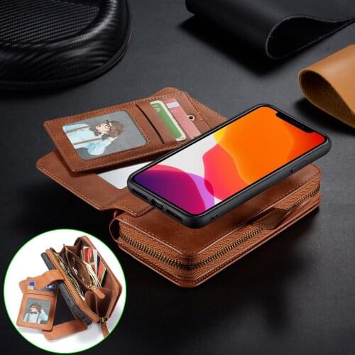 For iPhone 11 | 11 Pro | 11 Pro Max Luxury Zipper Leather Card Holder Wallet Case Magnetic Removable Cover Coque Etui Funda