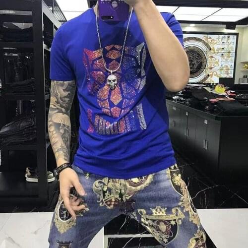 European Plus Size High-End Animal Shiny Diamond T-Shirt Summer Original Mens Business Slim Design Fashion Short Sleeves