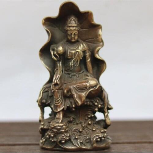 China brass Lotus leaf Guanyin bodhisattva crafts statue