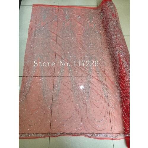 Hot selling African French net Lace Fabric JRB-11889 for party dress glued glitter sequin lace fabric red mesh silver glitter