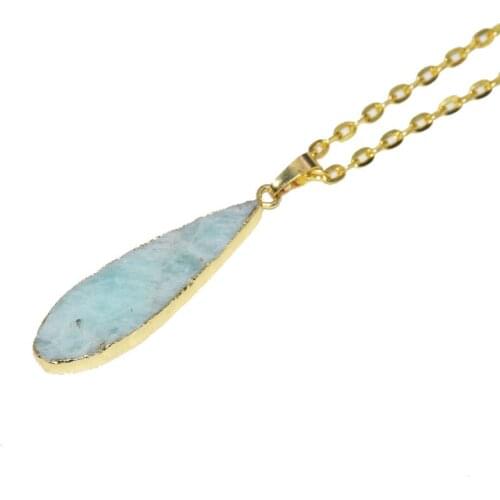 Fashion Jewelry Long natural amazonite gold point pendant necklace gem stone blue crystal quartz chain necklace for women gift