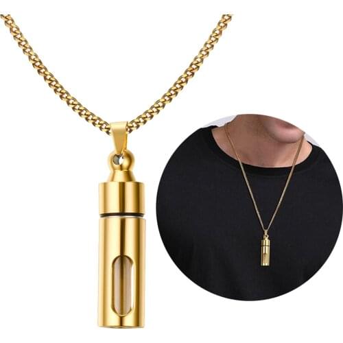 Stainless Steel Glass Openable Container Tube Urn Pendant Necklace Golden