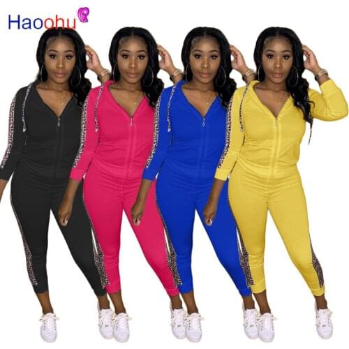 HAOOHU Autumn Winter Fashion Tracksuit Women Splice Drawstring Leopard Print Jacket With Hooded Two Pieces Set Long Pants Suit