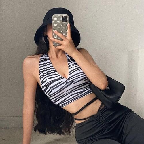 European and American style zebra pattern sexy halter vest summer v-neck tight short sleeveless top Slim slim