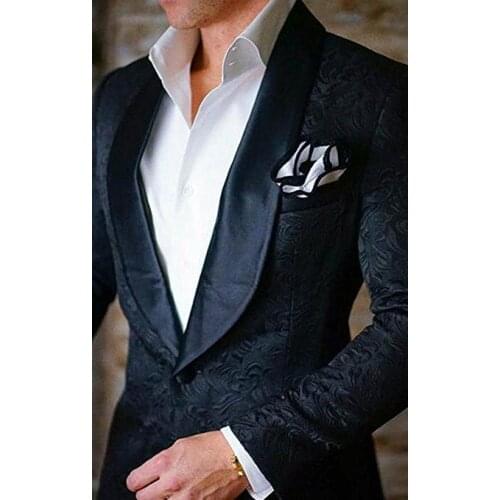 Custom Made Black Pattern Men Suits for Wedding Prom Party Shawl Lapel Groom Tuxedo 2Piece Slim Fit Best Man Blazer Jacket+Pants