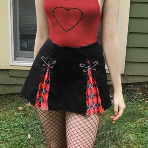 Plaid Print A-Line Gothic Skirts Black High Waist Girl Sexy Mini Skirt Women Patchwork Clubwear