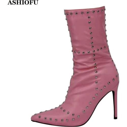 ASHIOFU New Handmade Ladies Boots Rivets Spikes Real Photos Ankle Booties Pointed-toe Evening Party Prom Evening Pink Short Boot
