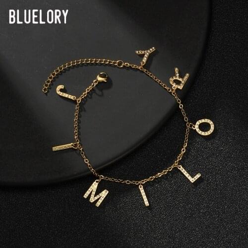 Bluelory Custom Name Letters Women Bracelets Stainless Steel Crystal Names DIY Jewelry For Best Friend Gift