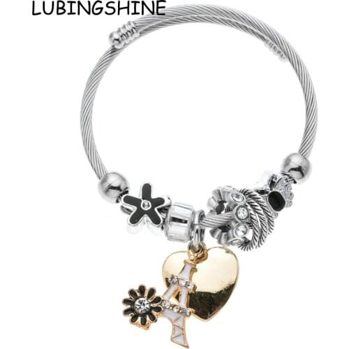 LUBINGSHINE Women Crystal Stainless Steel Cuff Bangles Adjustable Bridal Wedding Charms Bracelets Wristband Gift Bijoux Gift