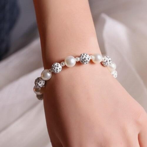 Lady Simple Fashion Silver Color Crystal Wedding Jewelry Imitation Pearl Rhinestone Zircon Beads Bracelet for Women
