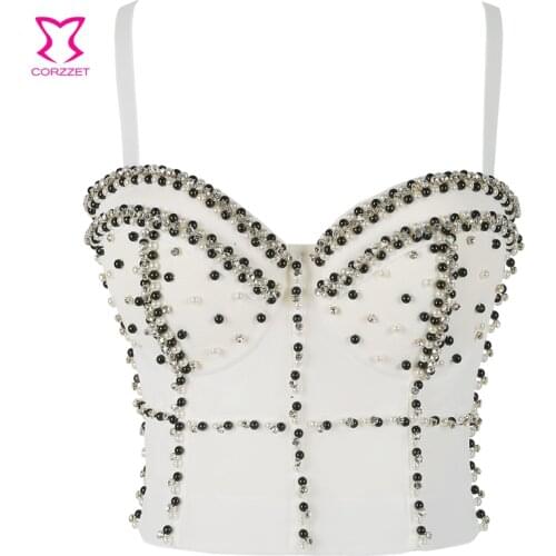 Corzzet Punk Rock Club Gothic Pearls&Diamonds Push Up Bustiers Bra Top Burlesque Women Dance Bras White/Red