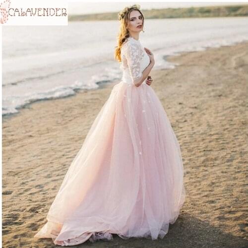 Pretty Illusion Bodice Wedding Gowns 2020 Lace Appliques Pink Wedding Dresses Ruched Tulle A Line Beach Wedding Dresses