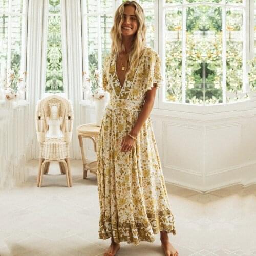 2021 Yellow Boho Print Short Sleeve Summer Beach Dress Long Tunic Women Beachwear Sexy Deep V-neck Bathing Suit Cover Up A841
