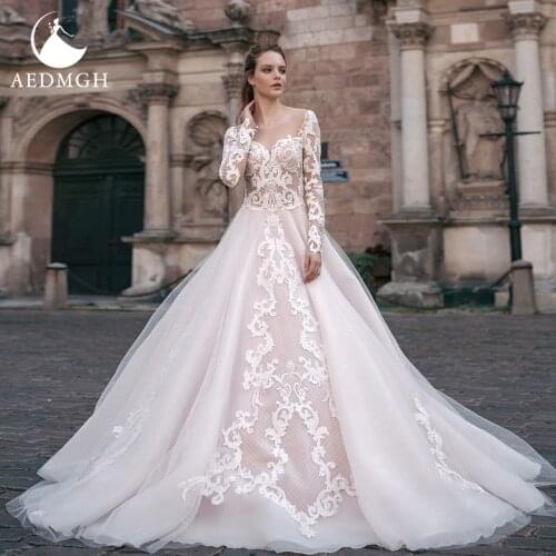Aedmgh A-Line Wedding Dresses 2021 Sweetheart Pearls Long Sleeve Lace Vestido De Novia Appliques Backless Princess Bridal Gowns