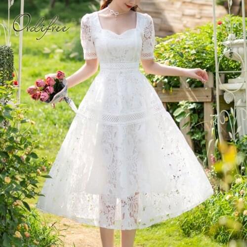 Ordifree 2021 Summer Elegant Women Party Dress White Lace Princess Dresses Plus Size 3XL Sexy Evening Midi Dress