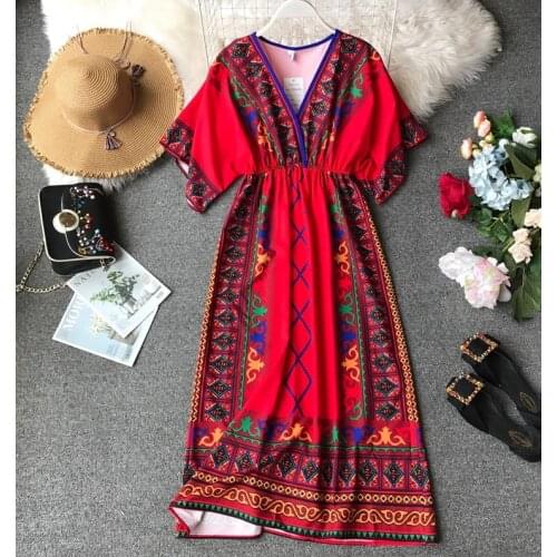 Womens vintage plus size casual loose national print dress girls high waist beach vacation dress TB1164